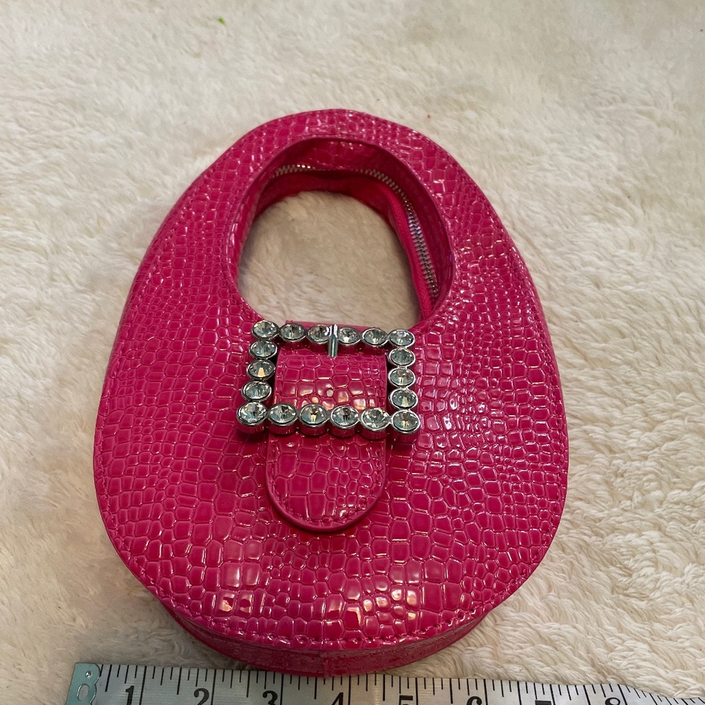 New Hot Pink Leather Alligator Pattern Purse Bag with Big Rhinestones